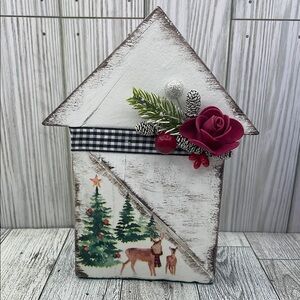 Wooden block house Holiday Home Decor with Deer and Christmas Tree Design -White